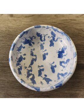 Vintage Bybee Pottery Kentucky Blue Spongeware 5" Bowl‎ Signed KY Folk Art MCM